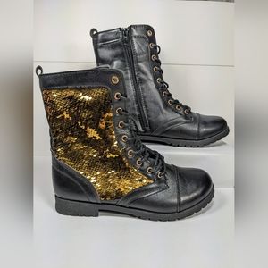 NWOT Changeable gold to black sequin combat boots, never worn